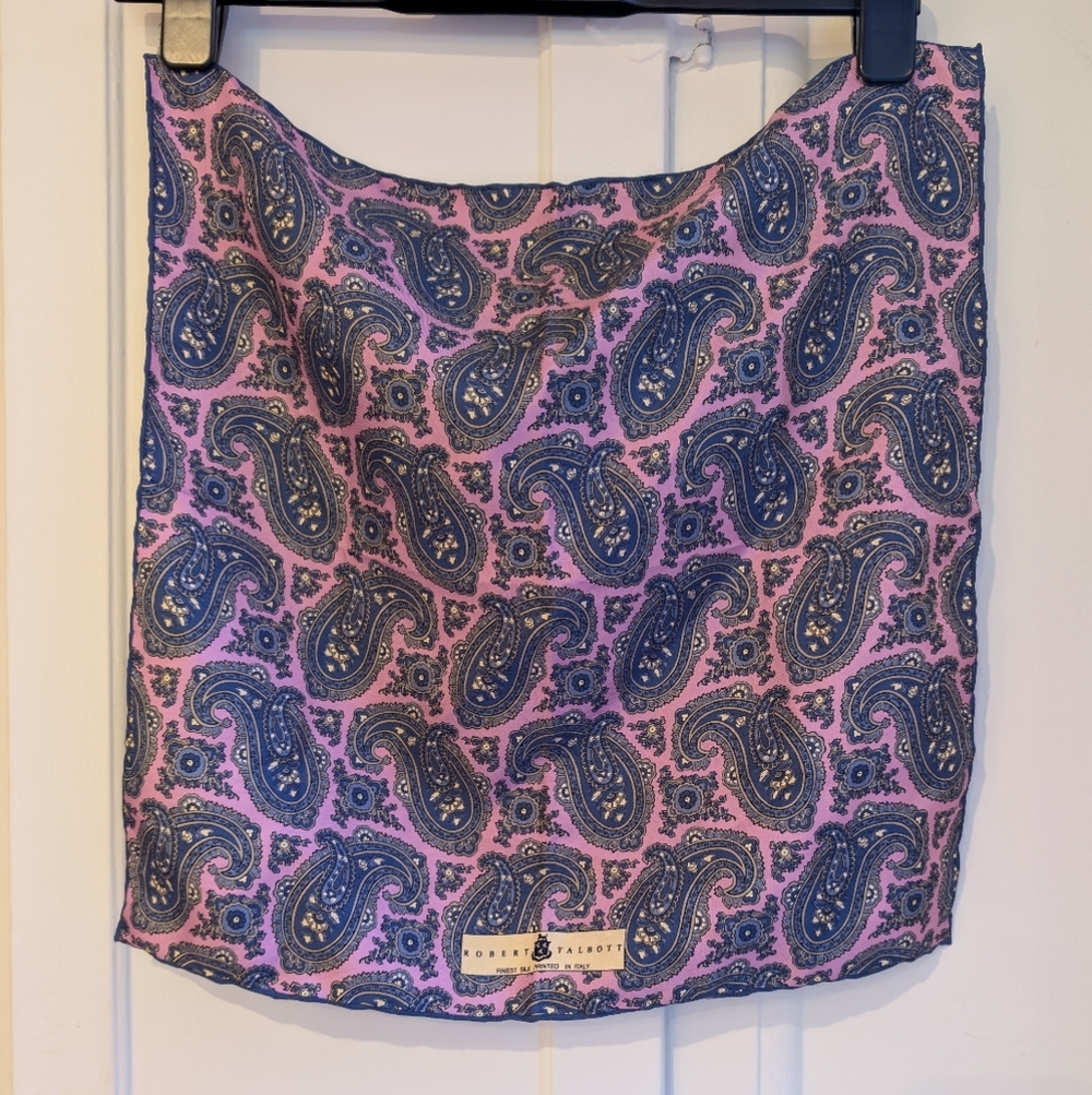 Robert Talbott Silk Pocket Square Scarf Paisley Pink Navy Made in Italy Unisex